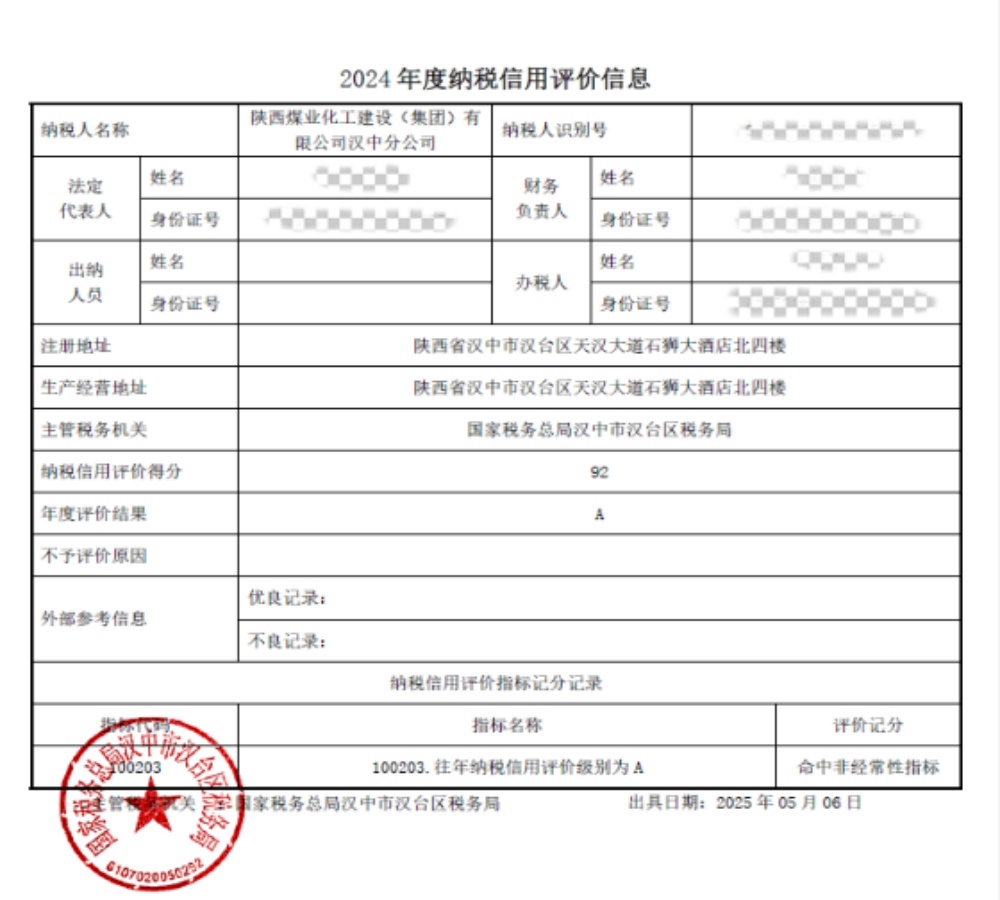 陜煤建設(shè)漢中分公司榮獲2024年度納稅信用等級“A”級稱號